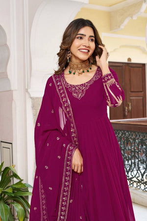 Wine Embroidered Georgette Anarkali Suit (SP-31-wine)