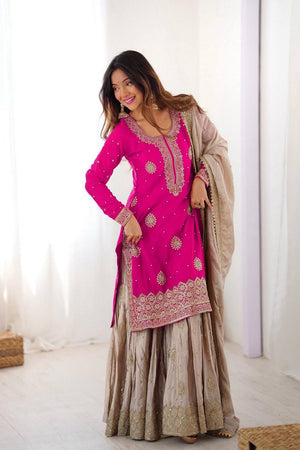 Pink Floral Embroidered Chinon Sharara Suits (SP-38-Pink)