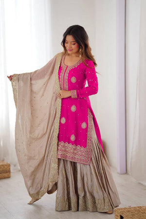 Pink Floral Embroidered Chinon Sharara Suits (SP-38-Pink)