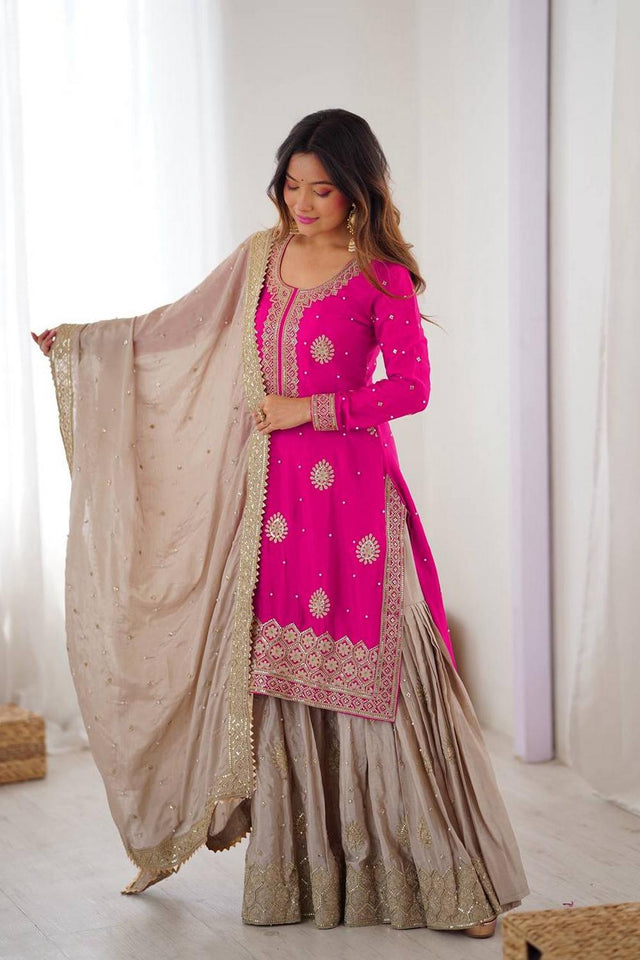 Pink Floral Embroidered Chinon Sharara Suits (SP-38-Pink)