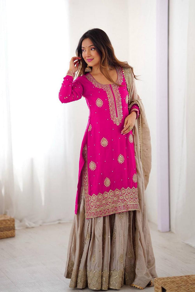 Pink Floral Embroidered Chinon Sharara Suits (SP-38-Pink)