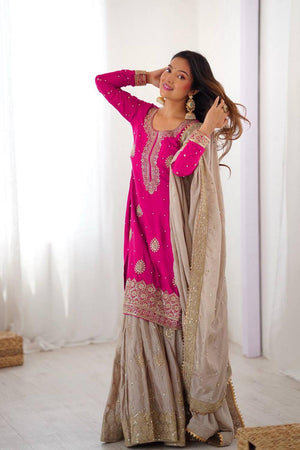 Pink Floral Embroidered Chinon Sharara Suits (SP-38-Pink)