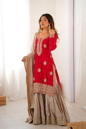 Red Floral Embroidered Chinon Sharara Suits (SP-38-Red)