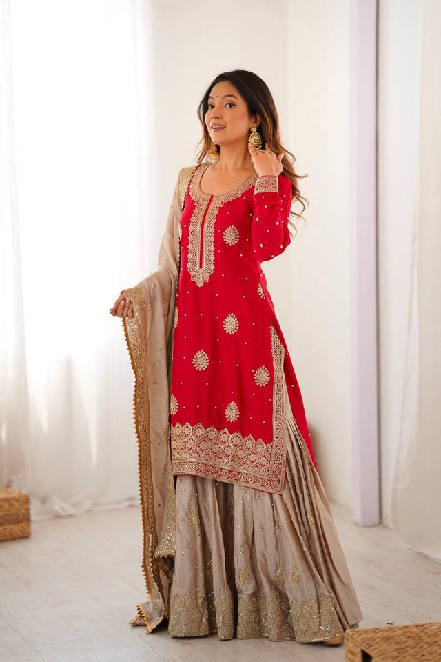Red Floral Embroidered Chinon Sharara Suits (SP-38-Red)