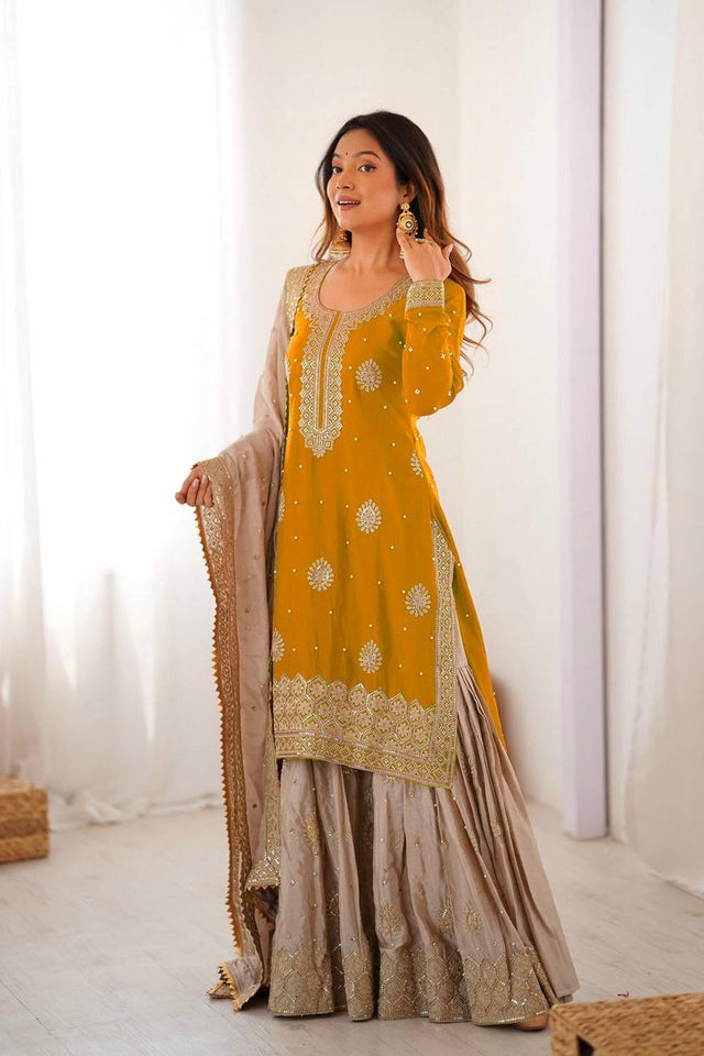 Yellow Floral Embroidered Chinon Sharara Suits (SP-38-Yellow)