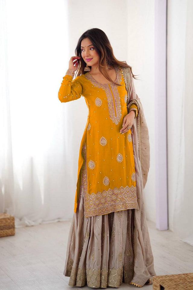 Yellow Floral Embroidered Chinon Sharara Suits (SP-38-Yellow)