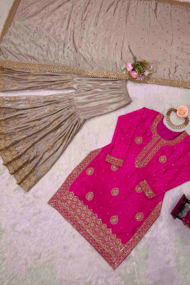 Pink Sequin with Embroidered Silk Sharara Suits