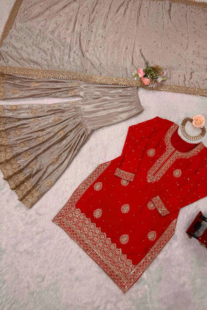 Red Sequin with Embroidered Silk Sharara Suits