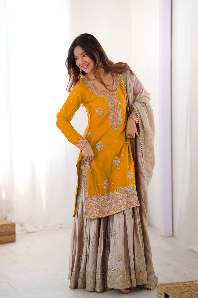 Yellow Sequin with Embroidered Silk Sharara Suits