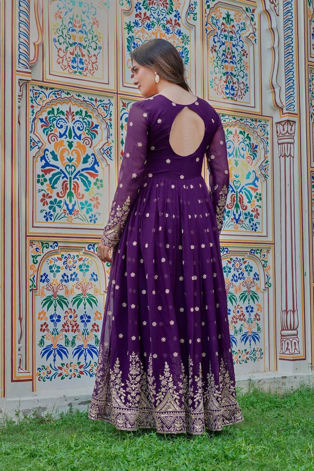 Blue Floral Embroidered Georgette Gown (SP-55-Blue)