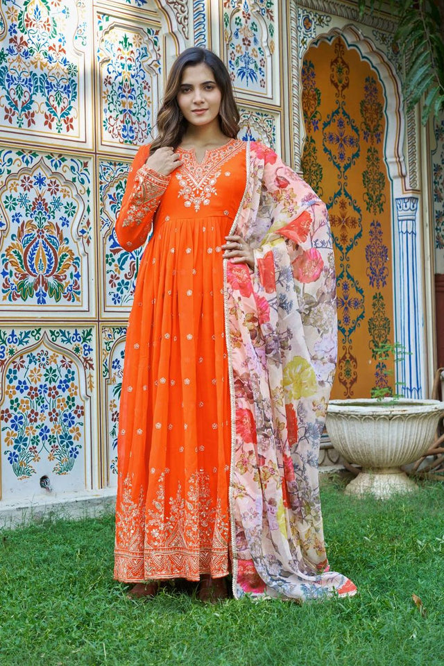 Orange Floral Embroidered Georgette Anarkali Suit (SP-55-Fanta)