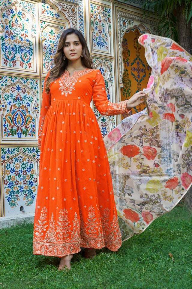 Orange Floral Embroidered Georgette Anarkali Suit (SP-55-Fanta)
