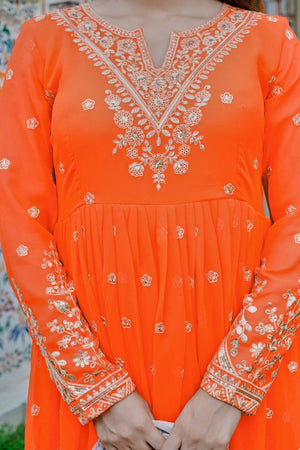 Orange Floral Embroidered Georgette Anarkali Suit (SP-55-Fanta)