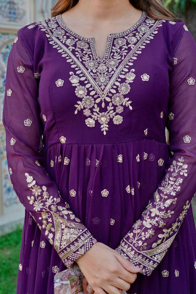 Violet Floral Embroidered Georgette Anarkali Suit (SP-55-Purple)