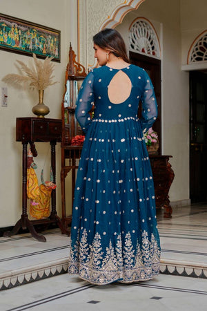 Turquoise Floral Embroidered Georgette Anarkali Suit (SP-55-Teal)