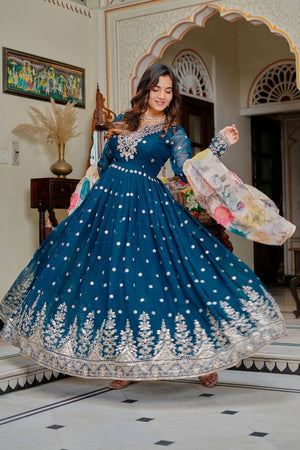 Turquoise Floral Embroidered Georgette Anarkali Suit (SP-55-Teal)
