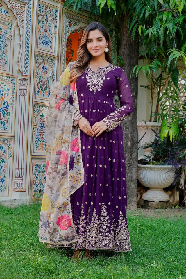 Violet Floral Embroidered Georgette Anarkali Suits