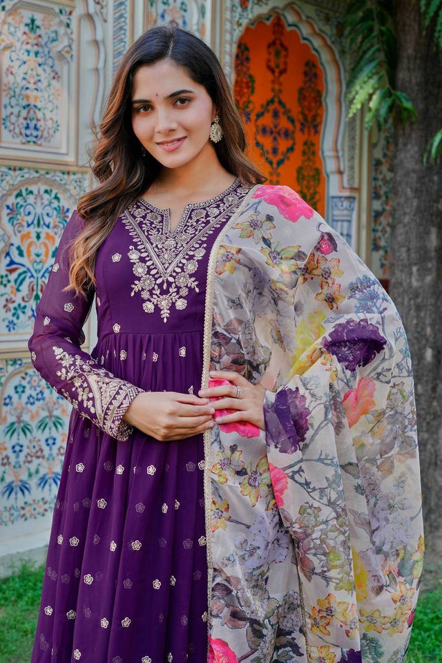Violet Floral Embroidered Georgette Anarkali Suits