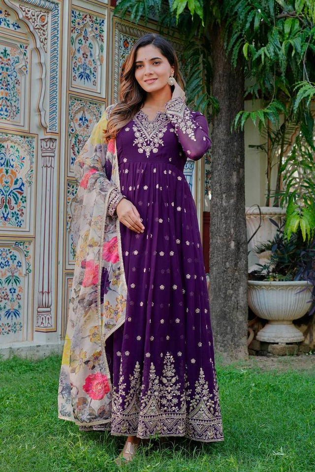 Violet Floral Embroidered Georgette Anarkali Suits