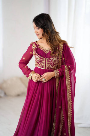 Violet Floral Embroidered Georgette Anarkali Suits