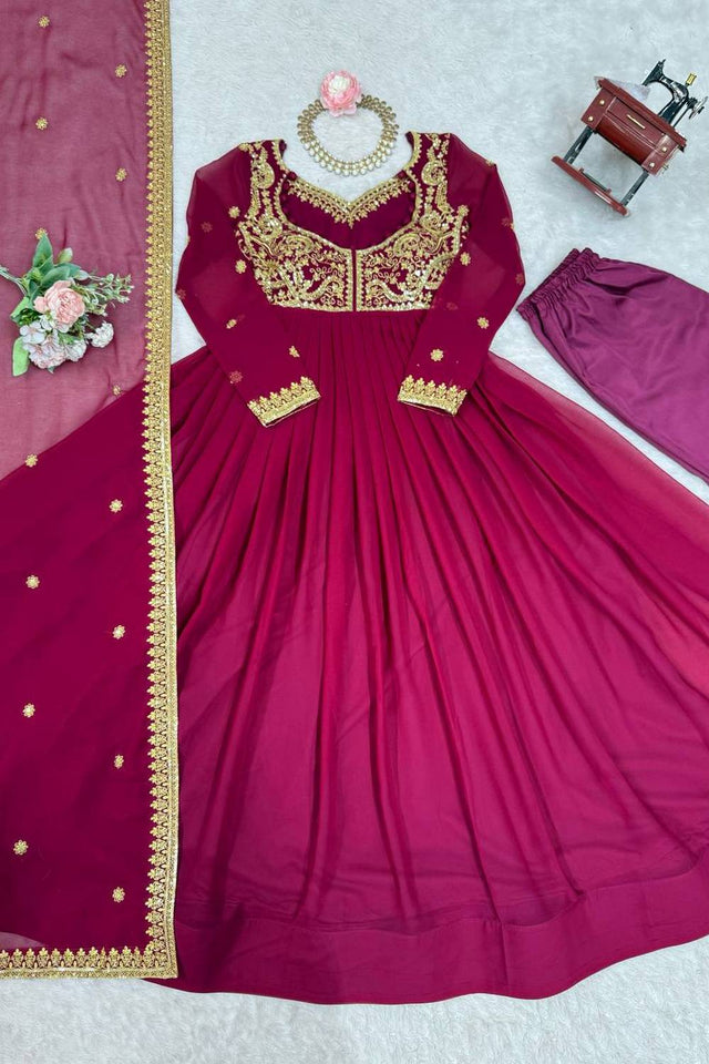 Violet Floral Embroidered Georgette Anarkali Suits