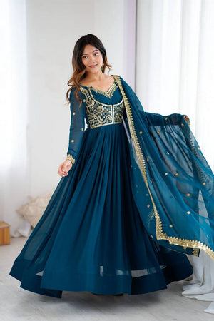 Royal Blue Floral Embroidered Georgette Anarkali Suits