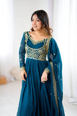 Royal Blue Floral Embroidered Georgette Anarkali Suits