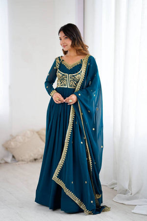 Royal Blue Floral Embroidered Georgette Anarkali Suits