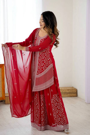 Red Floral Embroidered Georgette Palazzo Suits