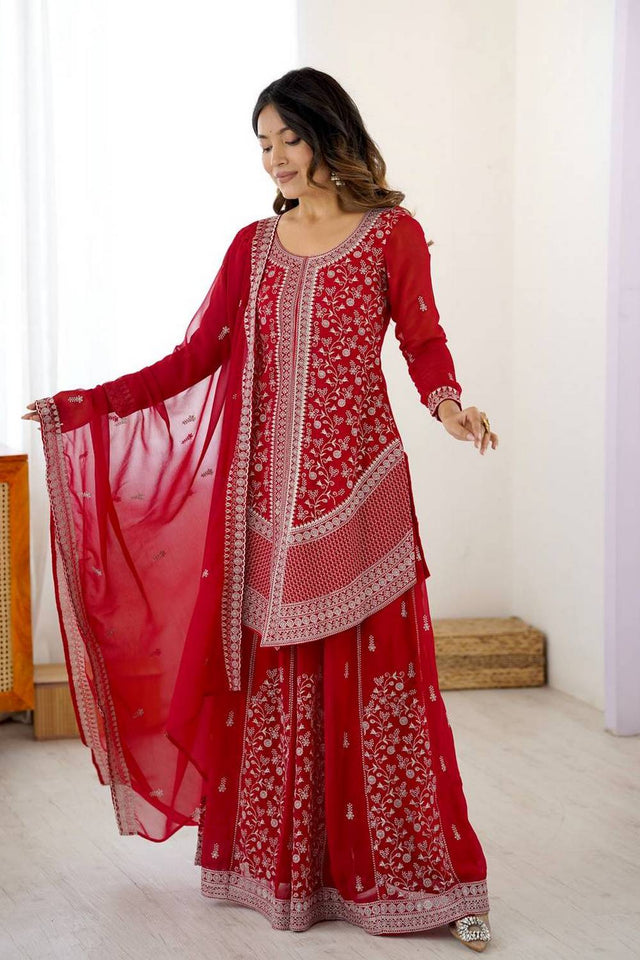 Red Floral Embroidered Georgette Palazzo Suits