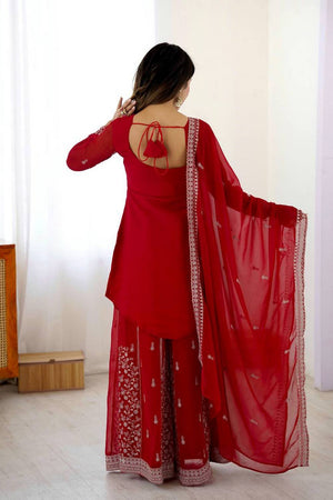 Red Floral Embroidered Georgette Palazzo Suits