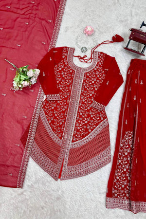Red Floral Embroidered Georgette Palazzo Suits