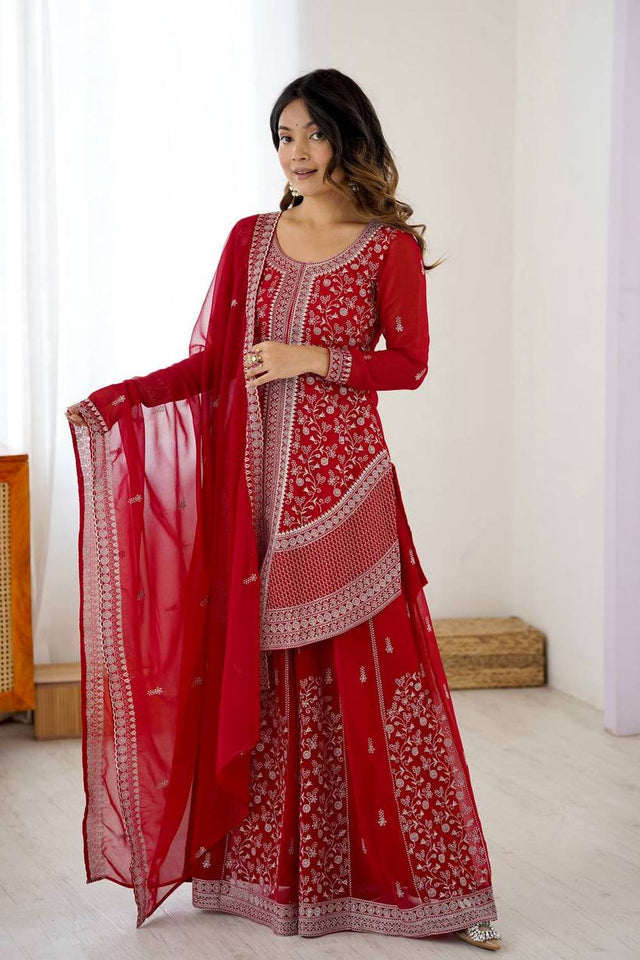 Red Floral Embroidered Georgette Palazzo Suits