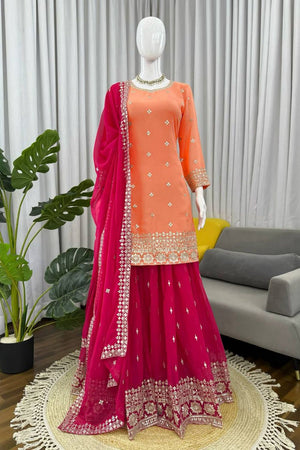 Peach Floral Embroidered Georgette Sharara Suit (SP-68)