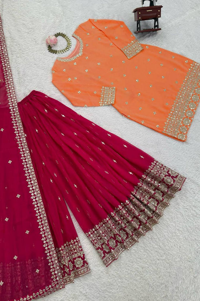 Peach Floral Embroidered Georgette Sharara Suit (SP-68)