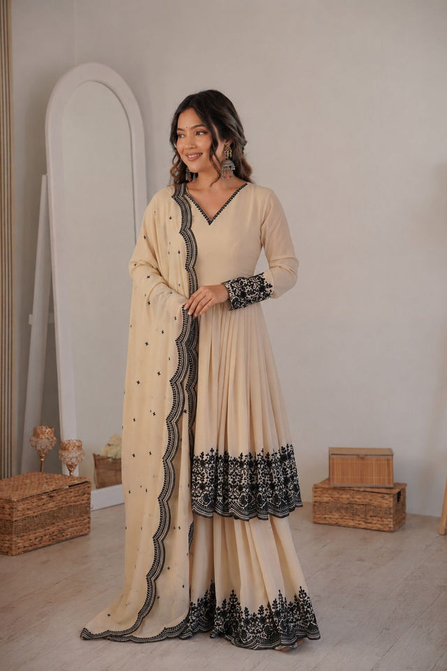 Cream Embroidered Georgette Anarkali Suit (SP-71-cream)