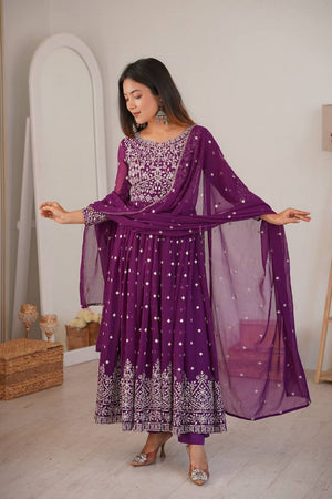 Violet Floral Embroidered Georgette Anarkali Suit (SP-81-Purple)