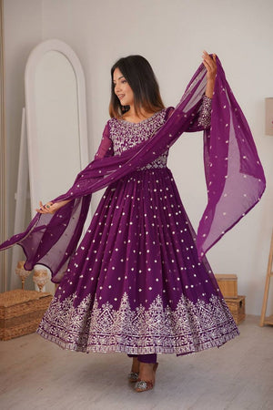 Violet Floral Embroidered Georgette Anarkali Suit (SP-81-Purple)