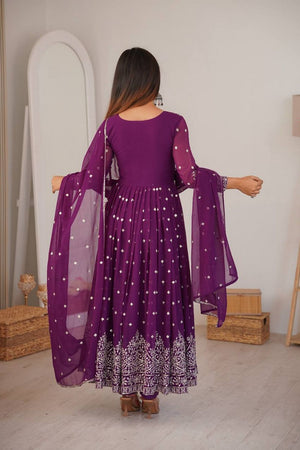 Violet Floral Embroidered Georgette Anarkali Suit (SP-81-Purple)