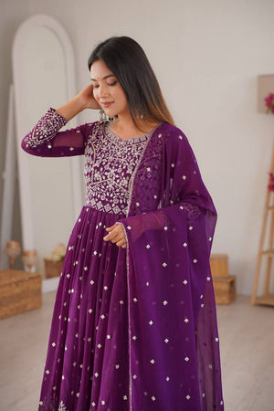 Violet Floral Embroidered Georgette Anarkali Suit (SP-81-Purple)