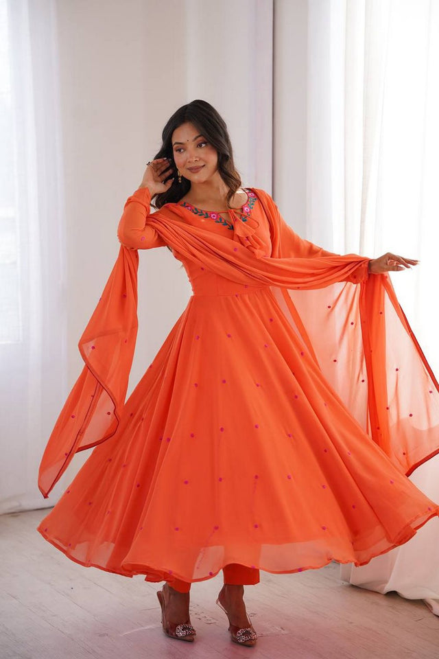 Orange Embroidered Georgette Anarkali Suit (SP-82-Orange)