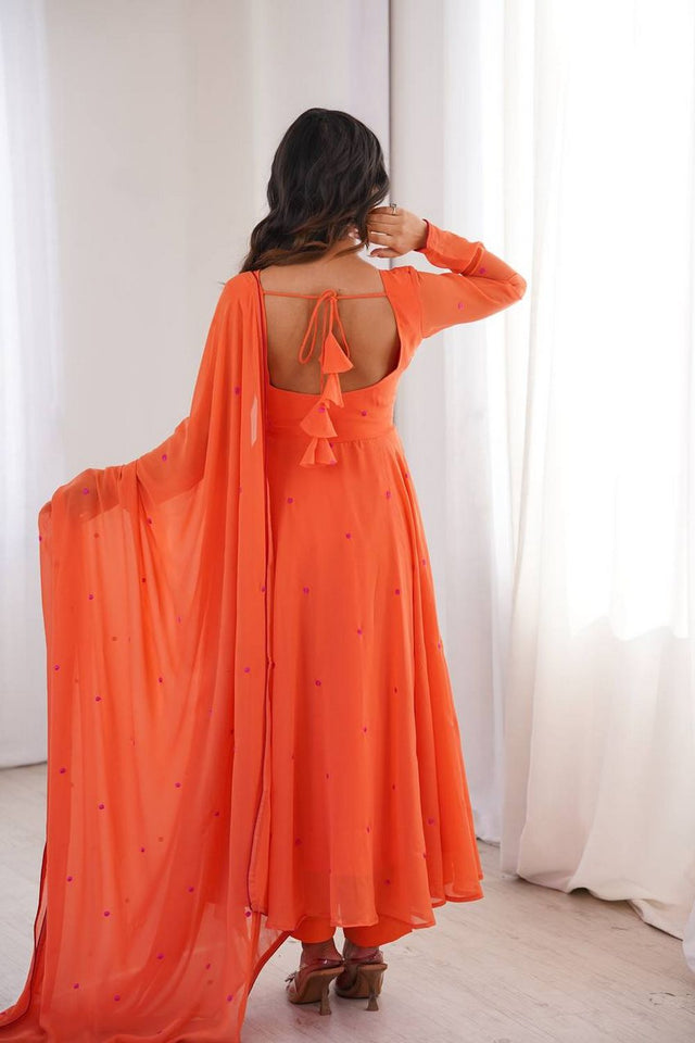 Orange Embroidered Georgette Anarkali Suit (SP-82-Orange)