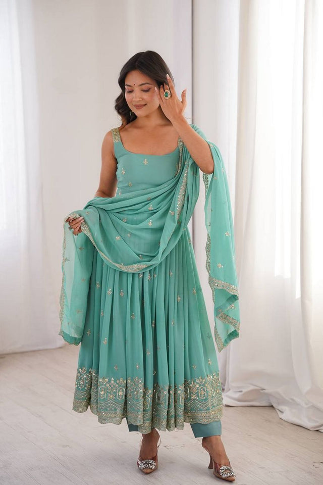 Light Blue Sequin with Embroidered Georgette Anarkali Suit (SP-84)