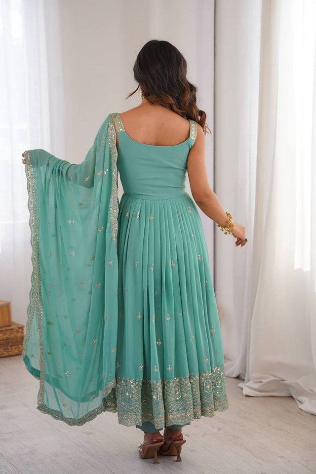 Light Blue Sequin with Embroidered Georgette Anarkali Suit (SP-84)