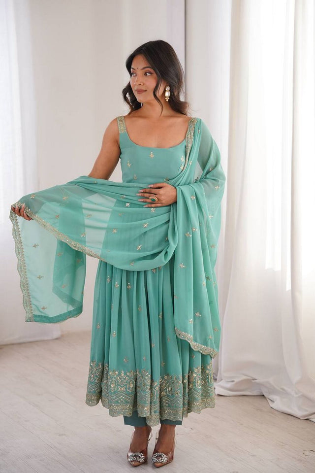 Light Blue Sequin with Embroidered Georgette Anarkali Suit (SP-84)