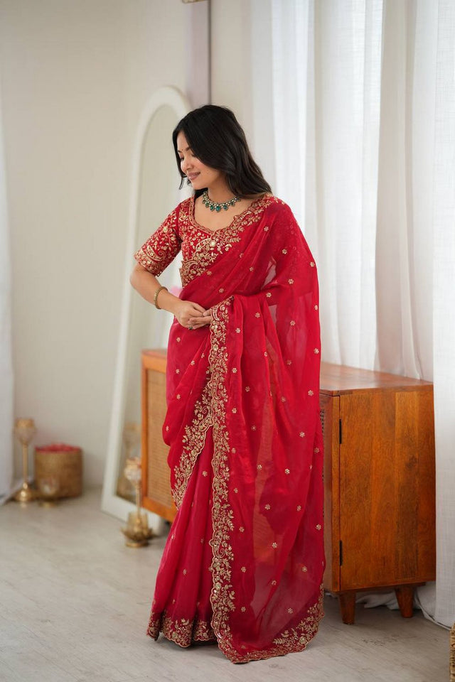 Red Sequin with Embroidered Silk Saree (SP-85)