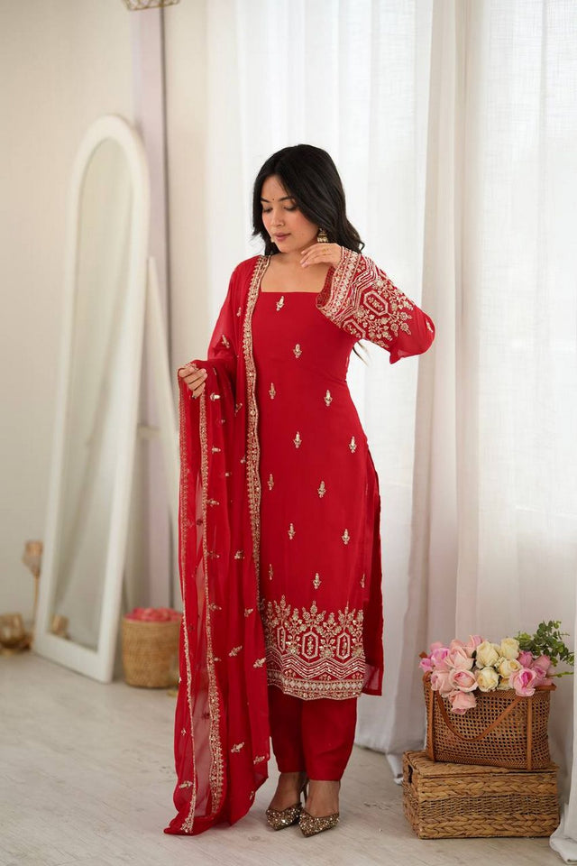 Red Floral Embroidered Georgette Straight Cut Suit (SP-86)