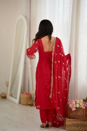 Red Floral Embroidered Georgette Straight Cut Suit (SP-86)