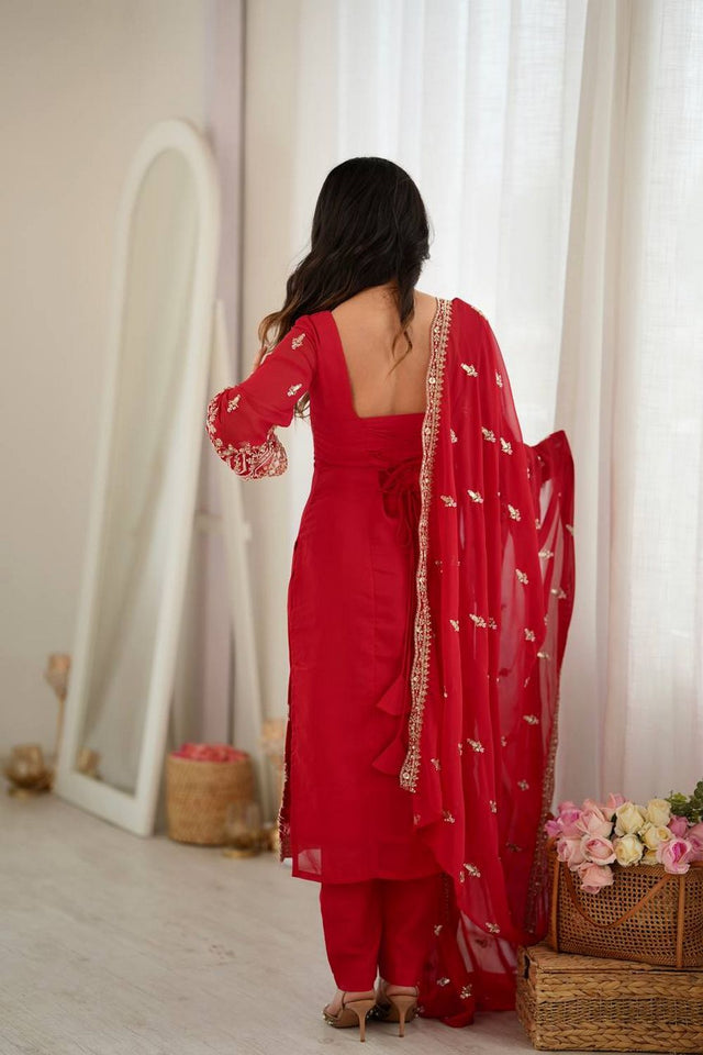 Red Floral Embroidered Georgette Straight Cut Suit (SP-86)