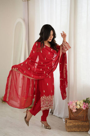 Red Floral Embroidered Georgette Straight Cut Suit (SP-86)